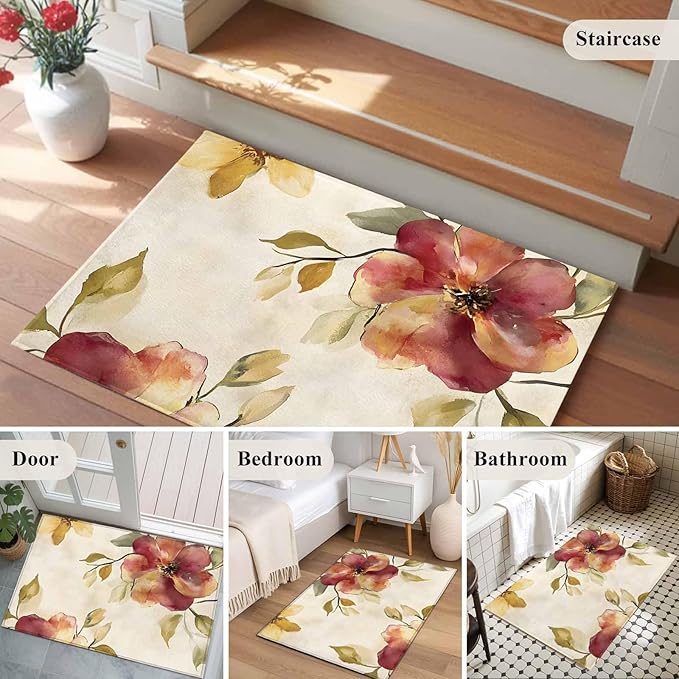Area Rug 2x3ft, Oil Painting Style Flowers Washable Rugs for Living Room Bedroom, Vintage Country Floral Soft Non-Slip Area Rugs Rectangle Floor Carpet for Dining Room