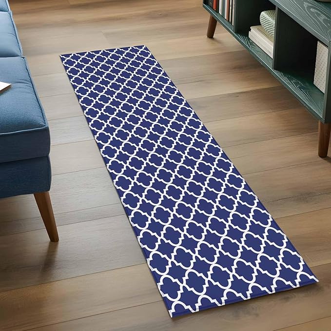 Runner Rug for Bedroom Hallway, Navy Blue Moroccan Plaid Kitchen Runner Rugs Area Rug 2x6ft, White Line Buffalo Lattice Washable Soft Floor Carpet for Entryway Stair