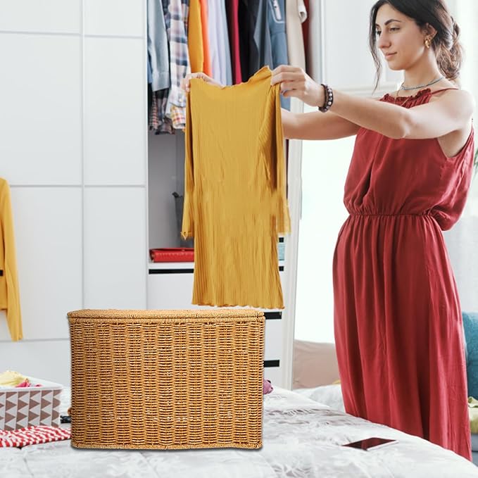 Hemoton Woven Basket Storage Organizer with Lid and Handle 15 Inch Narrow Tall Container for Home Toys Magazines and Sundries