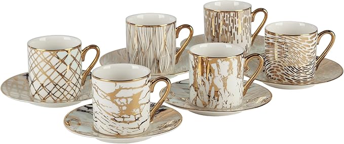 Matrix Gold Porcelain Espresso Cup & Saucer Set – 6 Assorted Modern Designs with Gold Plated Accents – Elegant Espresso Cups for Entertaining, Gift-Giving & Home Décor