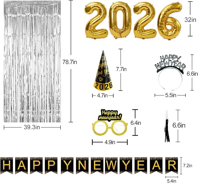 New Years Eve Party Supplies 2026 - Happy New Year Decorations Kit - Set of 50 Includes Banner, Hats, Ribbon, Glasses,Tiaras, Balloons, Squawkers and Fringe Curtains - Accessories for Kids Party Decor