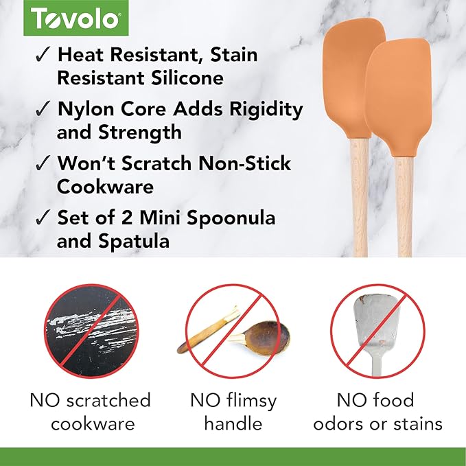 Tovolo Mini Spoon Spatula Wooden Handle Set for Cooking and Baking, Heat Resistant Safe for Cast Iron BPA Free Silicone Mixing Tool Natural Wood Perfect for Scraper Mixing Spooning, Apricot Orange