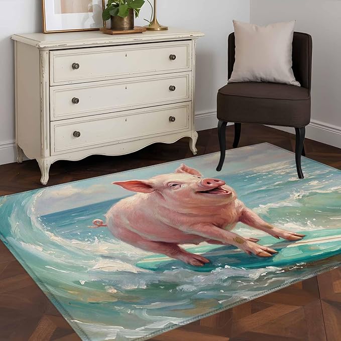 Area Rug 3x5ft, Surfing Farm Pink Pig Washable Rugs for Living Room Bedroom, Summer Blue Sea Wave Beach Soft Non-Slip Area Rugs Rectangle Floor Carpet for Dining Room