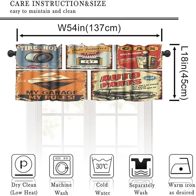 1950s Valance Curtain Vintage Car Metal Signs Automobile Advertising Repair Vehicle Garage Servicing Windows Curtain Valance for Kitchen Bedroom Bathroom Decor with Rod Pocket, 1 Panel 54X18 Inches