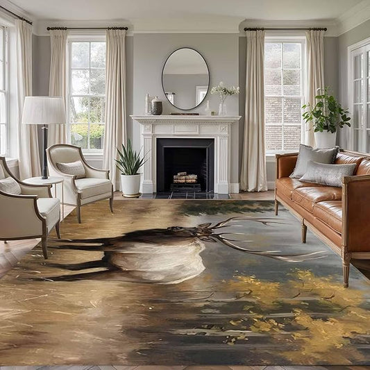 Area Rug 9x12ft, Brown Animals Elk Washable Rugs for Living Room Bedroom Rectangle Floor Carpet, Retro Forest Landscape Soft Non-Slip Area Rugs for Dining Room