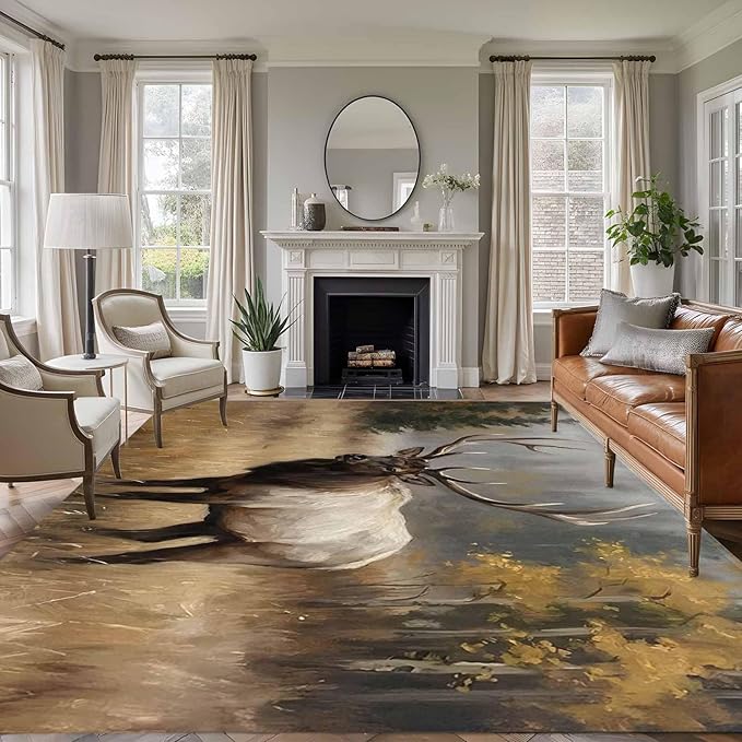 Area Rug 8x10ft, Brown Animals Elk Washable Rugs for Living Room Bedroom, Retro Forest Landscape Soft Non-Slip Area Rugs Rectangle Floor Carpet for Dining Room