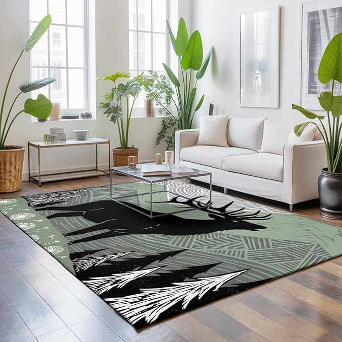 Area Rug 3x5ft, Black Wildlife Elk Washable Rugs for Living Room Bedroom, Bohemian Green Mountain Peaks Soft Non-Slip Area Rugs Rectangle Floor Carpet for Dining Room