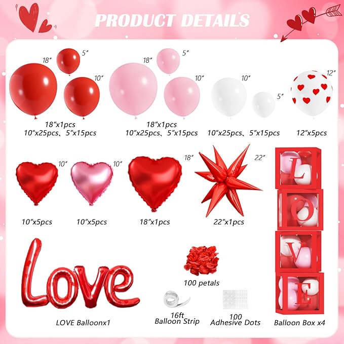 Valentines Day Balloons Garland Arch Kit, Red Pink White Heart Balloons with XOXO LOVE Boxes for Valentines Day Party Decorations Wedding Engagement Anniversary