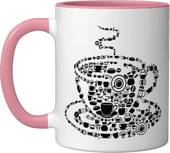 Coffee Brewed Steaming Java Picture Mosaic Cup Saucer Pot Ceramic Mug, Pink/White
