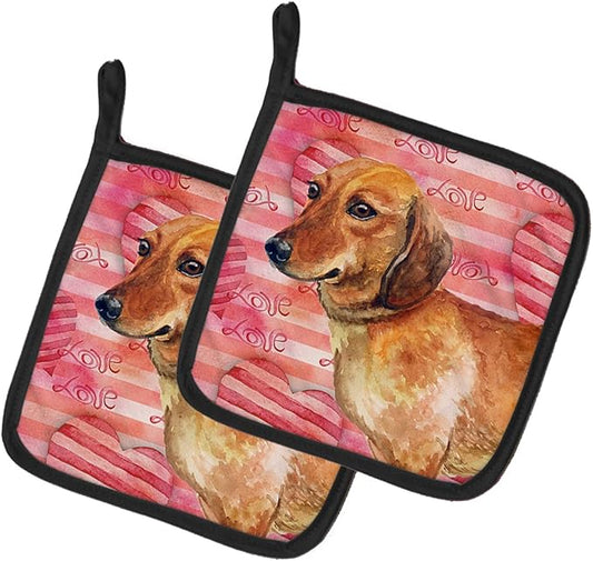 Caroline's Treasures BB9739PTHD Dachshund Love Pair of Pot Holders, Red Kitchen Heat Resistant Pot Holders Sets Oven Hot Pads for Cooking Baking BBQ, 7 1/2 x 7 1/2