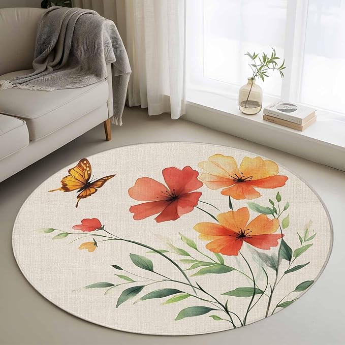 Washable Round Area Rug Summer Watercolor Flower Butterfly Circle Rugs Floor Carpet for Living Room Bedroom, Green Leaves Retro Linen Soft Non Slip Round Rug 3ft