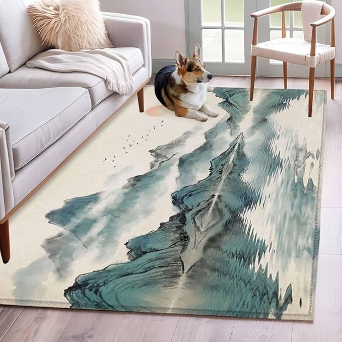 Area Rug 4x6ft, Chinese Zen Landscape Ombre Washable Rugs for Living Room Bedroom, Abstract Mountain Lake Soft Non-Slip Area Rugs Rectangle Floor Carpet for Dining Room