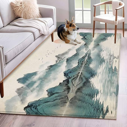 Area Rug 4x6ft, Chinese Zen Landscape Ombre Washable Rugs for Living Room Bedroom, Abstract Mountain Lake Soft Non-Slip Area Rugs Rectangle Floor Carpet for Dining Room