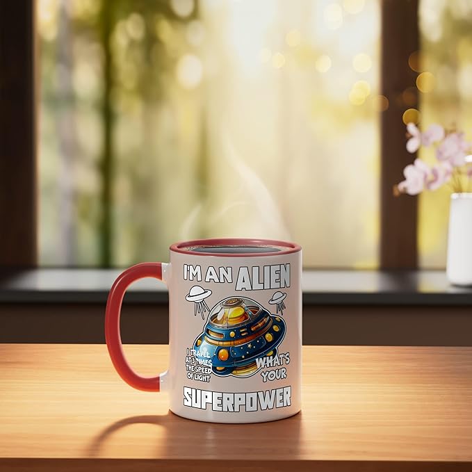 I'm An Alien I Travel Speed Of Light Space Apparel Ceramic Mug, Red/White