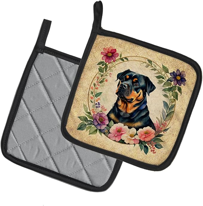 Caroline's Treasures Rottweiler and Flowers Pair of Pot Holders Kitchen Heat Resistant Pot Holders Sets Oven Hot Pads for Cooking Baking BBQ, 7 1/2 x 7 1/2
