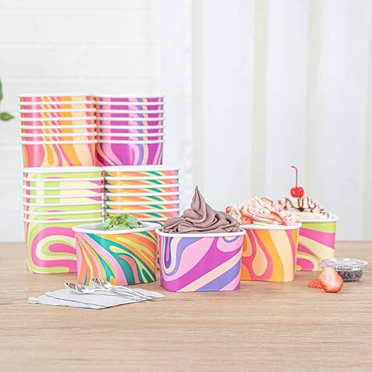 Restaurantware Paper Cups 200 Count 12 Ounce Square Disposable Ice Cream Containers, Leak-Resistant Paper Dessert To Go Cups, Hot And Cold Food, Durable Assorted Groovy Design