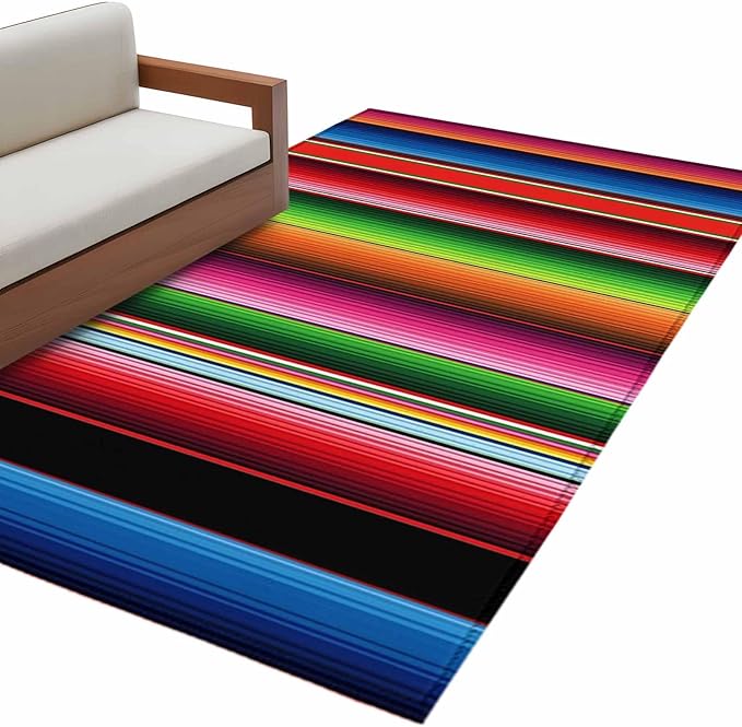 Area Rug 3x5ft, Mexico Art Colorful Stripes Washable Rugs for Living Room Bedroom, Color Gradient Lines Soft Non-Slip Area Rugs Rectangle Floor Carpet for Dining Room