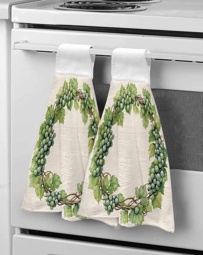 Alandar Home Kitchen Tie Towel Set of 2, Spring Green Grapes Vine on Beige Linen Absorbent Soft Hand Towels for Bathroom Hanging Towels, Pastoral Botanical Fast Drying Cleaning Cloth with Loop