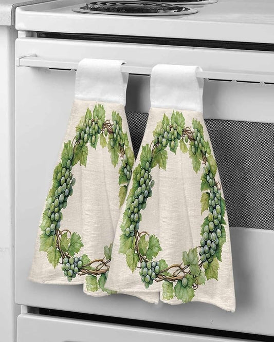 Alandar Home Kitchen Tie Towel Set of 2, Spring Green Grapes Vine on Beige Linen Absorbent Soft Hand Towels for Bathroom Hanging Towels, Pastoral Botanical Fast Drying Cleaning Cloth with Loop