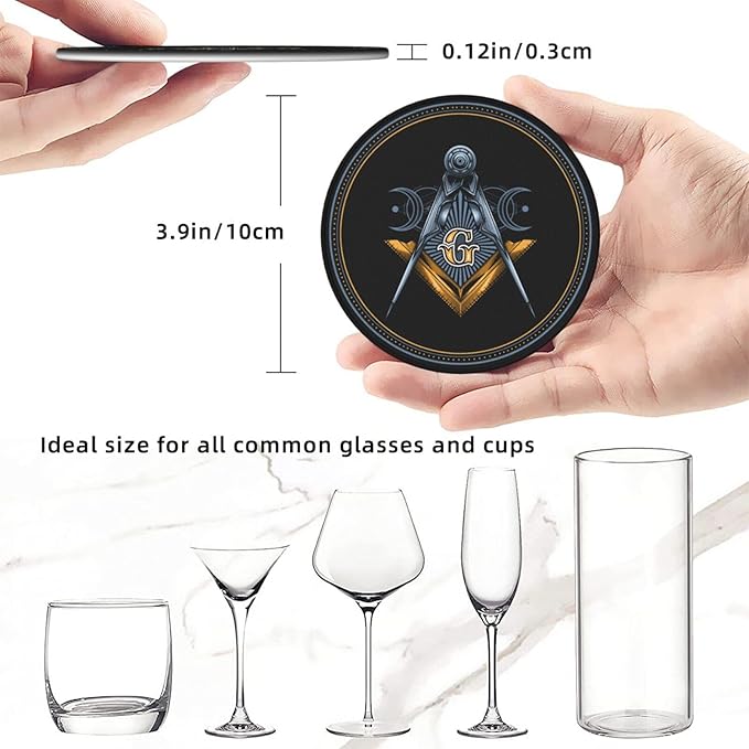 Masonic Freemason Gold Leather Drinks Coasters with Holder, Set of 6, Suitable for Various Cups