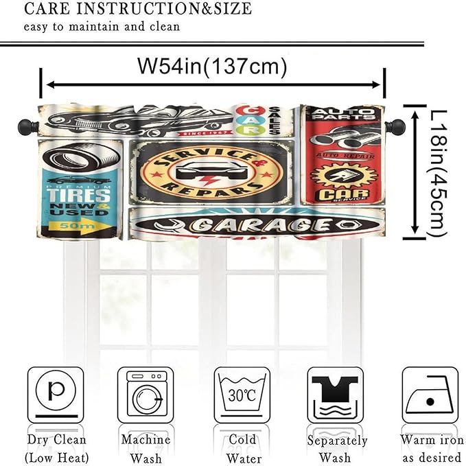 1950s Retro Valances Curtains Vintage Car Signs Automobile Advertising Repair Vehicle Garage Servicing, Windows Short Curtain Valance for Kitchen Bedroom with Rod Pocket, One Panel 54X18 Inches