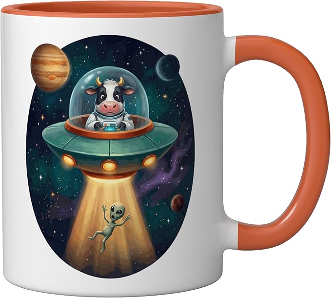 Fuuny Cow Astronaut UFO Abducting Alien Space Farm Ceramic Mug, Orange/White