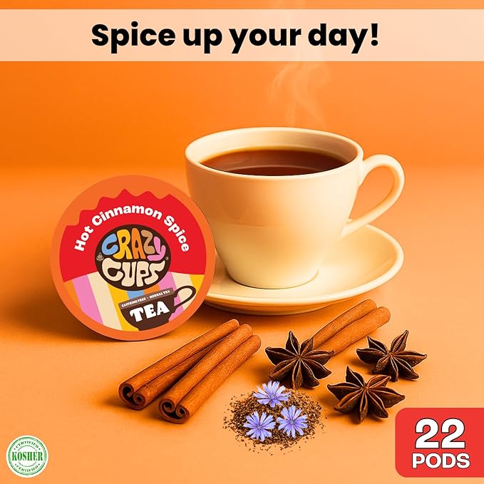 Crazy Cups Hot Cinnamon Spice Herbal Tea Pods, 22 Count | Caffeine Free, Kosher Certified, Warming Cinnamon & Star Anise Blend, K Cup Compatible Pods, Bold Spiced Flavor, Gluten Free, Vegan, Hot or Iced Herbal Tea