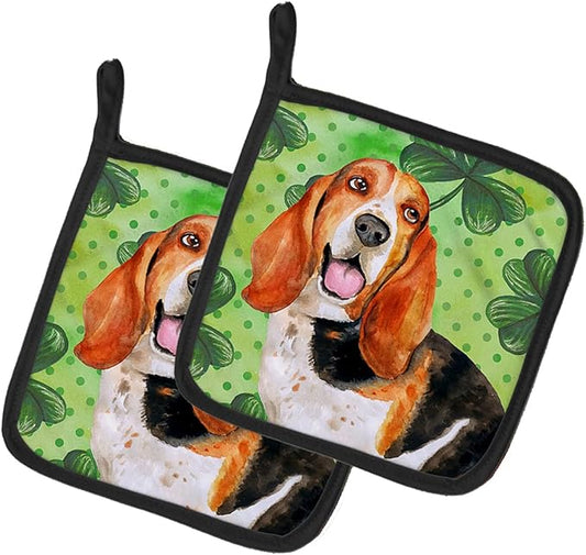 Caroline's Treasures BB9878PTHD Basset Hound St Patrick's Pair of Pot Holders, Green Kitchen Heat Resistant Pot Holders Sets Oven Hot Pads for Cooking Baking BBQ, 7 1/2 x 7 1/2