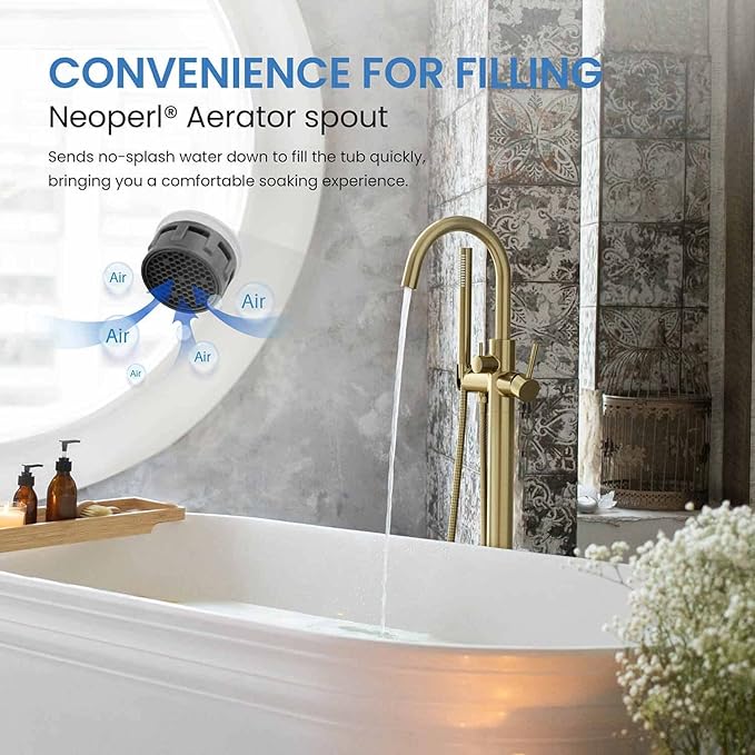 KIBI Circular Floor Mount Bathtub Faucet with Hand Shower | Single Handle Freestanding Tub Filler | Modern Bath Faucet for Tub and Shower | Brushed Gold Finish, KTF301