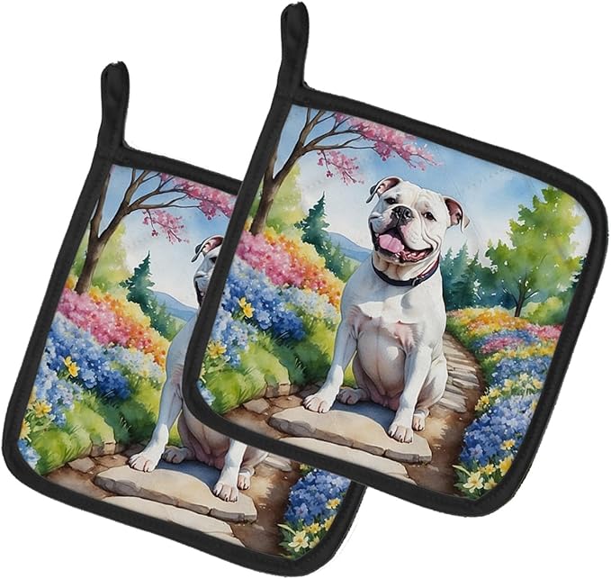 Caroline's Treasures American Bulldog Spring Garden Pair of Pot Holders Kitchen Heat Resistant Pot Holders Sets Oven Hot Pads for Cooking Baking BBQ, 7 1/2 x 7 1/2