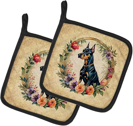 Caroline's Treasures Doberman Pinscher and Flowers Pair of Pot Holders Kitchen Heat Resistant Pot Holders Sets Oven Hot Pads for Cooking Baking BBQ, 7 1/2 x 7 1/2