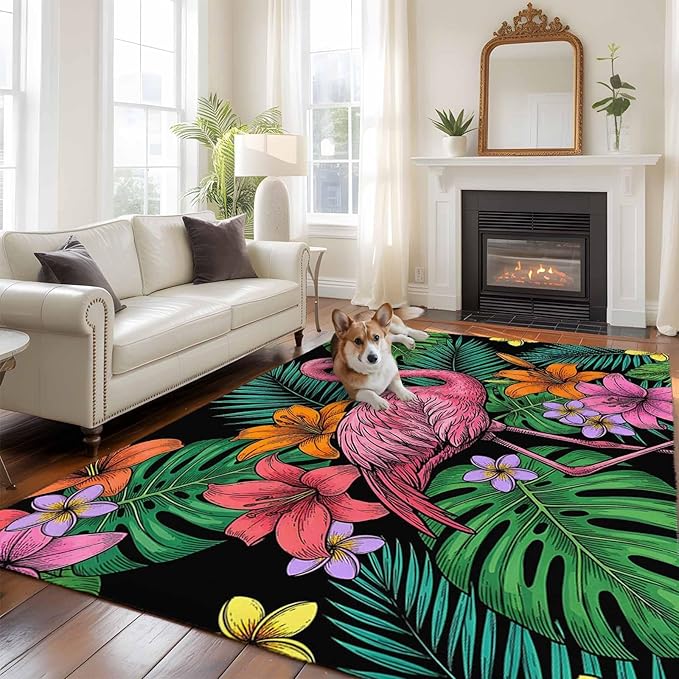 Area Rug 9x12ft, Pink Flamingos Tropical Leaf Washable Rugs for Living Room Bedroom Rectangle Floor Carpet, Colorful Lily Blossom Floral Soft Non-Slip Area Rugs for Dining Room