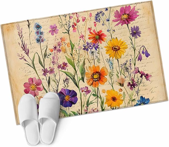 Area Rug 2x3ft, Farmhouse Colorful Small Flower Washable Rugs for Living Room Bedroom, Retro Backdrop Seamless Soft Non-Slip Area Rugs Rectangle Floor Carpet for Dining Room