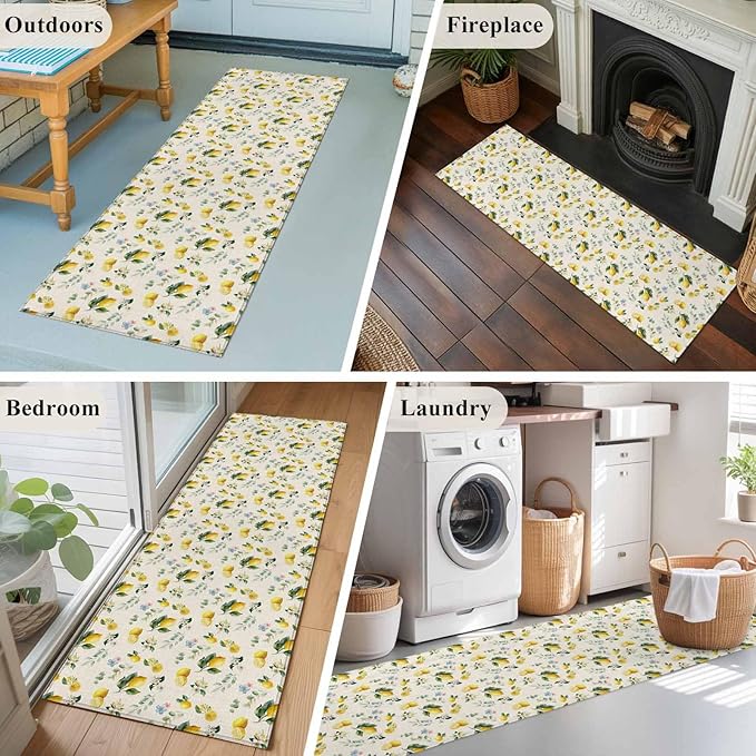 Runner Rug for Bedroom Hallway, Country Lemon Flower Leaf Kitchen Runner Rugs Area Rug 2x6ft, Pastoral Fruit Plant Vintage Linen Washable Soft Floor Carpet for Entryway Stair