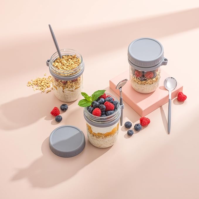 JoyJolt 3-Pack Overnight Oats Containers with Lids and Spoons Set, 16 oz Mason Jars for Overnight Oats, Chia Pudding Jars with Lids - BPA-Free, Leak Proof Small Containers for Meal Prep