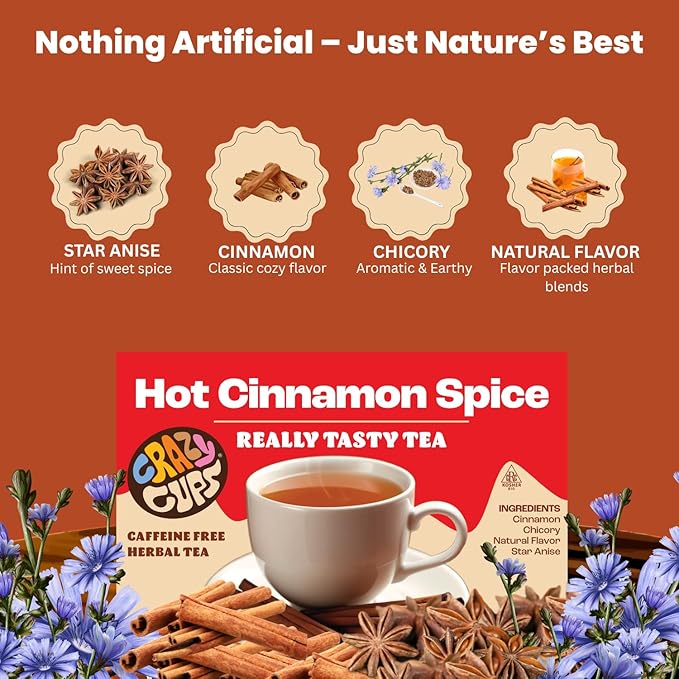 Crazy Cups Hot Cinnamon Spice Herbal Tea Pods, 22 Count | Caffeine Free, Kosher Certified, Warming Cinnamon & Star Anise Blend, K Cup Compatible Pods, Bold Spiced Flavor, Gluten Free, Vegan, Hot or Iced Herbal Tea