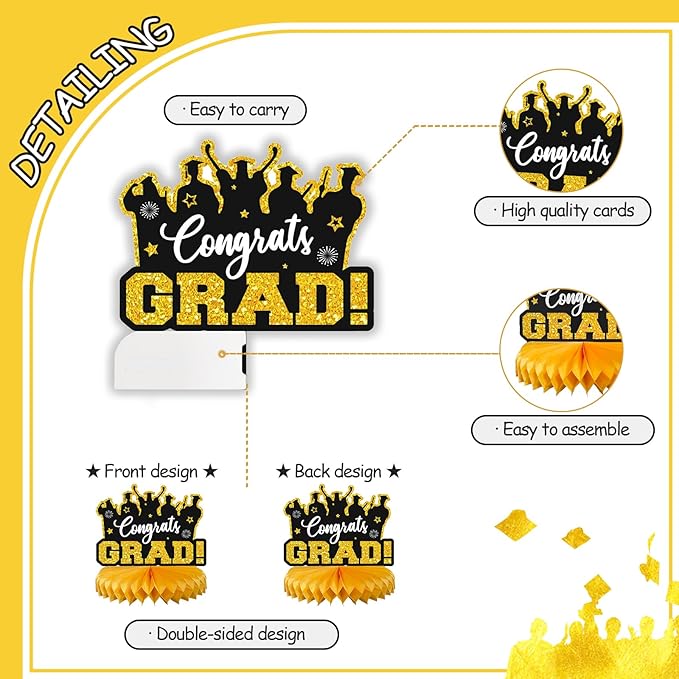 2026 Graduation Party Decorations - 8 Pcs Black Gold Class of 2026 Graduation Party Decor Honeycomb Centerpieces for Tables Congratulate for 2026 Congrats Grad Party Supplies