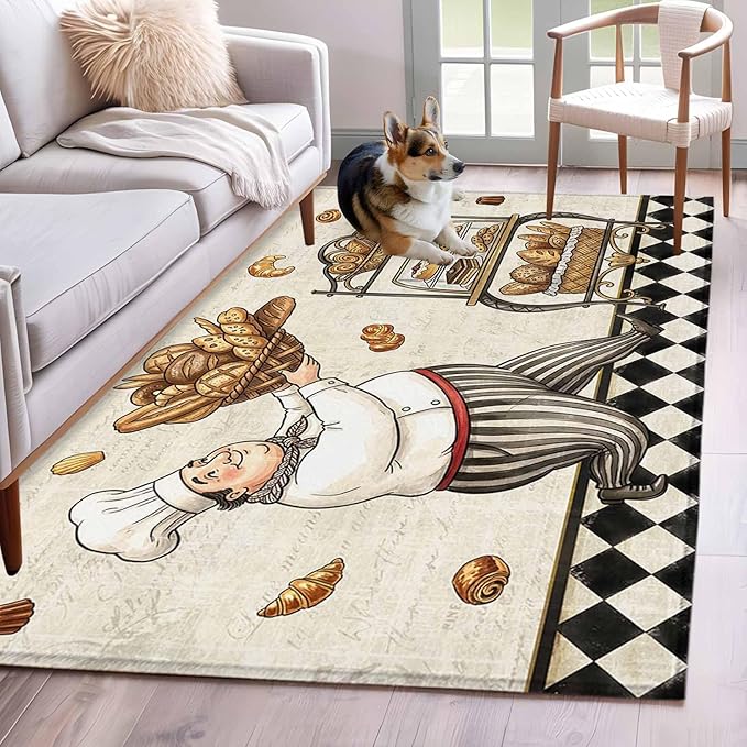 Area Rug 4x6ft, Farmhouse Kitchen Baker Bread Washable Rugs for Living Room Bedroom, Vintage Black Plaid Soft Non-Slip Area Rugs Rectangle Floor Carpet for Dining Room