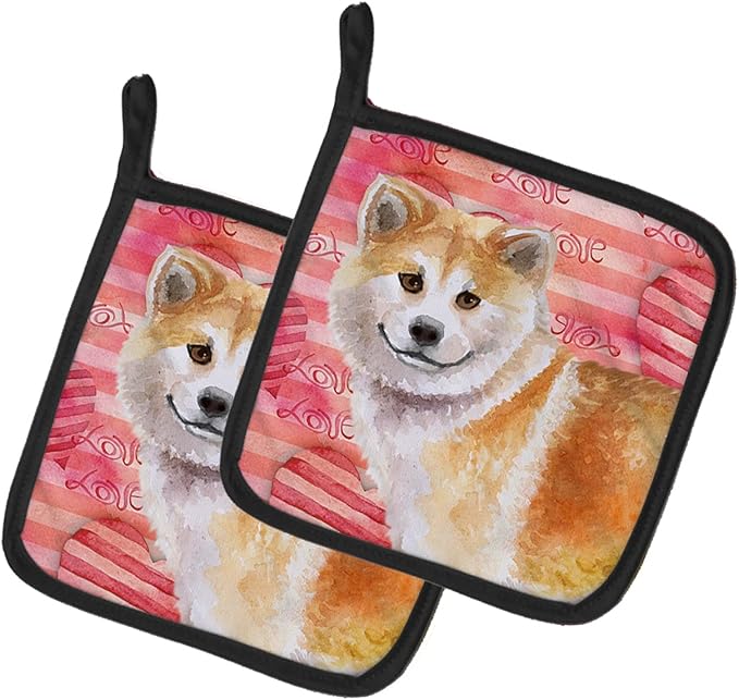 Caroline's Treasures BB9765PTHD Shiba Inu Love Pair of Pot Holders, Red Kitchen Heat Resistant Pot Holders Sets Oven Hot Pads for Cooking Baking BBQ, 7 1/2 x 7 1/2