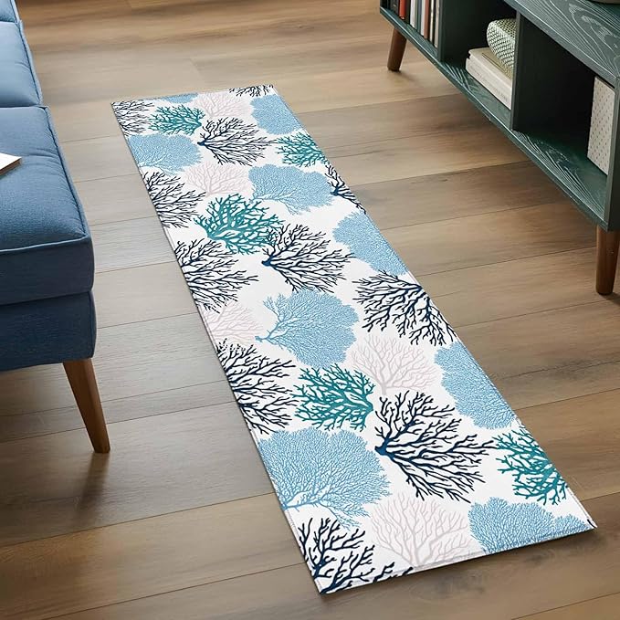 Runner Rug for Bedroom Hallway, Classic Sea Blue Coral Kitchen Runner Rugs Area Rug 2x6ft, Abstract Marine Life Scenery Washable Soft Floor Carpet for Entryway Stair