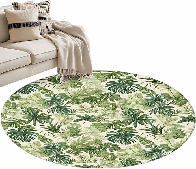 Washable Round Area Rug Green Palm Leaf Watercolor Circle Rugs Floor Carpet for Living Room Bedroom, Summer Tropical Leaves Soft Non Slip Round Rug 3ft