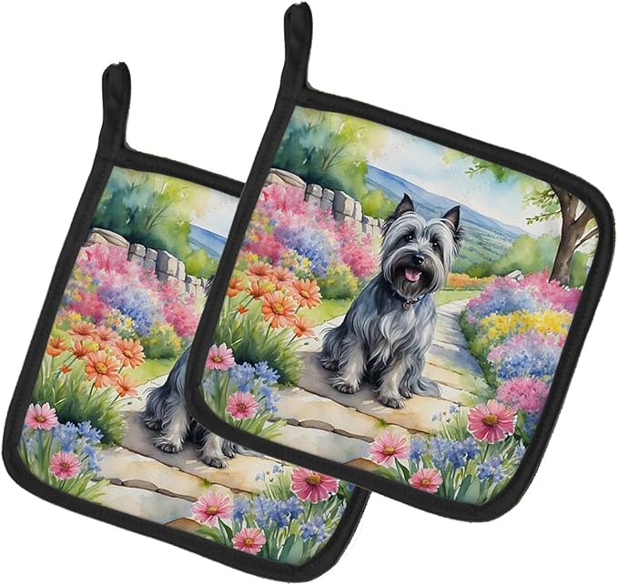 Caroline's Treasures Skye Terrier Spring Path Pair of Pot Holders Kitchen Heat Resistant Pot Holders Sets Oven Hot Pads for Cooking Baking BBQ, 7 1/2 x 7 1/2