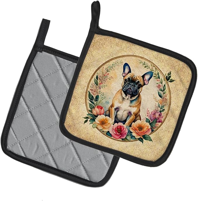Caroline's Treasures Fawn French Bulldog and Flowers Pair of Pot Holders Kitchen Heat Resistant Pot Holders Sets Oven Hot Pads for Cooking Baking BBQ, 7 1/2 x 7 1/2