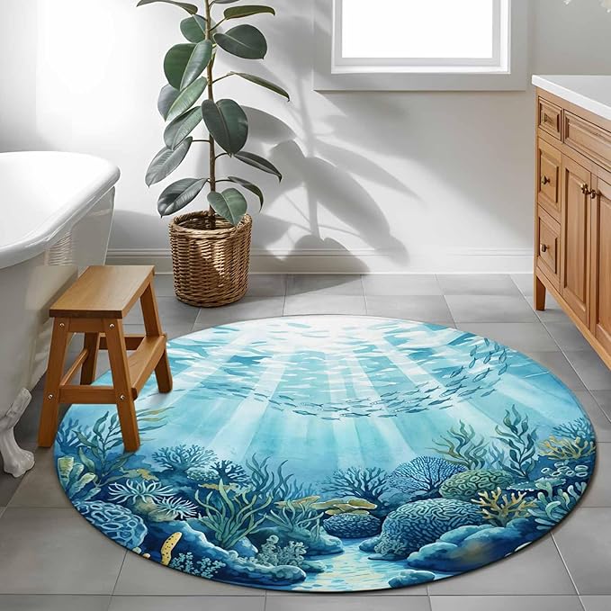Washable Round Area Rug Underwater World Coral Seaweed Circle Rugs Floor Carpet for Living Room Bedroom, Seafloor Ocean Life Fish Soft Non Slip Round Rug 4ft