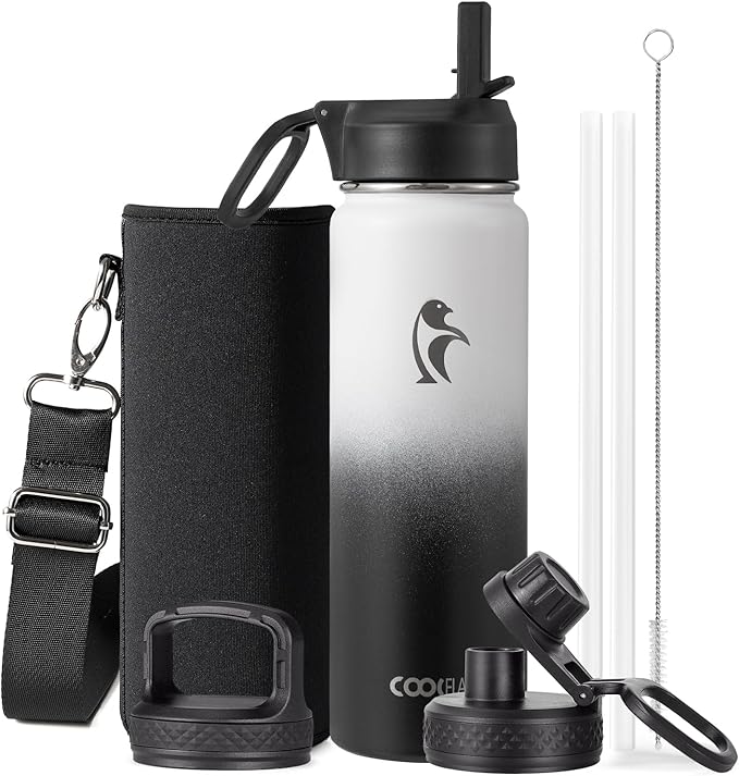 Coolflask Water Bottle 24 oz Insulated with Straw, Stainless Steel Metal 3 Lids Water Flask Wide Mouth for Sports or Office, Non-BPA Keep Cold Up to 48 Hrs or Hot Up to 24 Hrs, White & Black