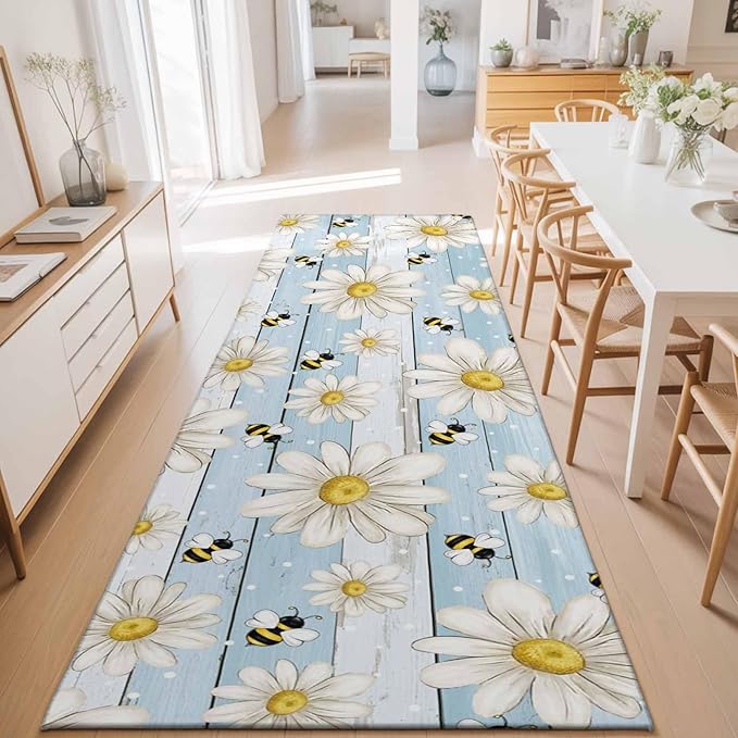 Runner Rug for Bedroom Hallway, Watercolor White Daisy Floral Bee Kitchen Runner Rugs Area Rug 2x6ft, Rustic Light Blue Wood Plank Washable Soft Floor Carpet for Entryway Stair