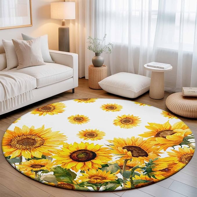 Washable Round Area Rug Summer Pastoral Sunflower Circle Rugs Floor Carpet for Living Room Bedroom, Farmhouse Yellow Flower Soft Non Slip Round Rug 5ft