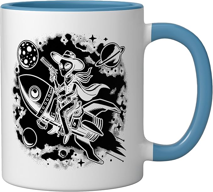 Alien Lover Flying Saucer UFO Extraterrestrial Cowboy Ceramic Mug, Blue/White