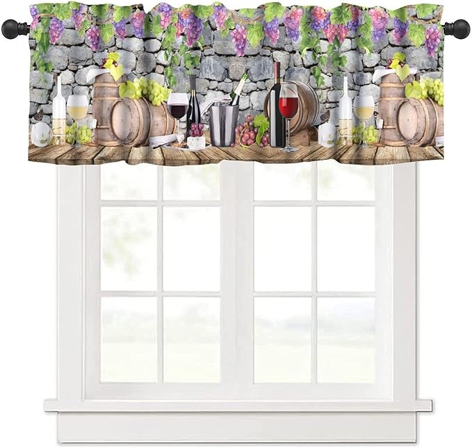 Wine Kitchen Valance, Vineyard Harvest Grapevine Wine Barrel Farmhouse Spring Summer Short Window Drapes for Dining Resturant Party Outdoor Garden Decor, 54x18Inch