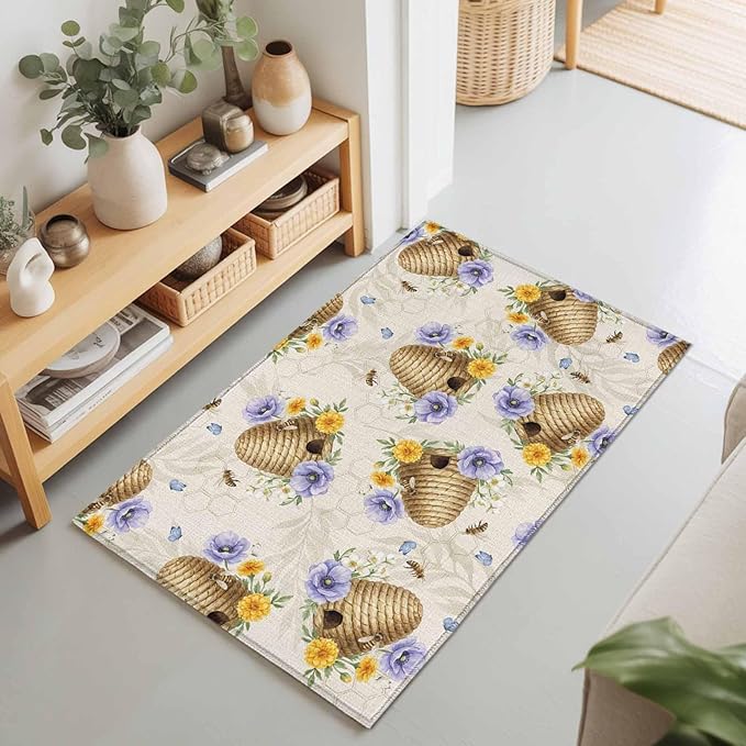 Area Rug 2x3ft, Garden Beehives Honeybees Washable Rugs for Living Room Bedroom, Country Purple Floral Soft Non-Slip Area Rugs Rectangle Floor Carpet for Dining Room
